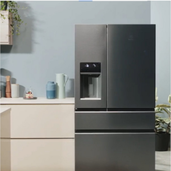 Gri bir buzdolabı, mutfak tezgahı ve bitkilerle dolu bir mutfak sahnesi.