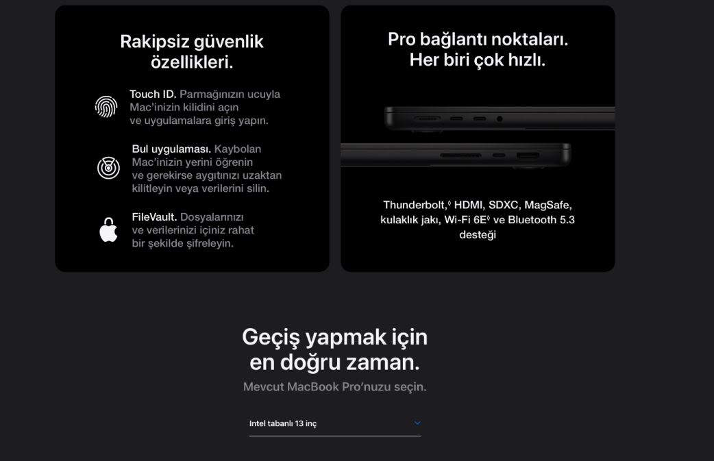 Siyah arka planda beyaz metinler ve simgelerle Mac özelliklerini tanıtan bir ekran görüntüsü.