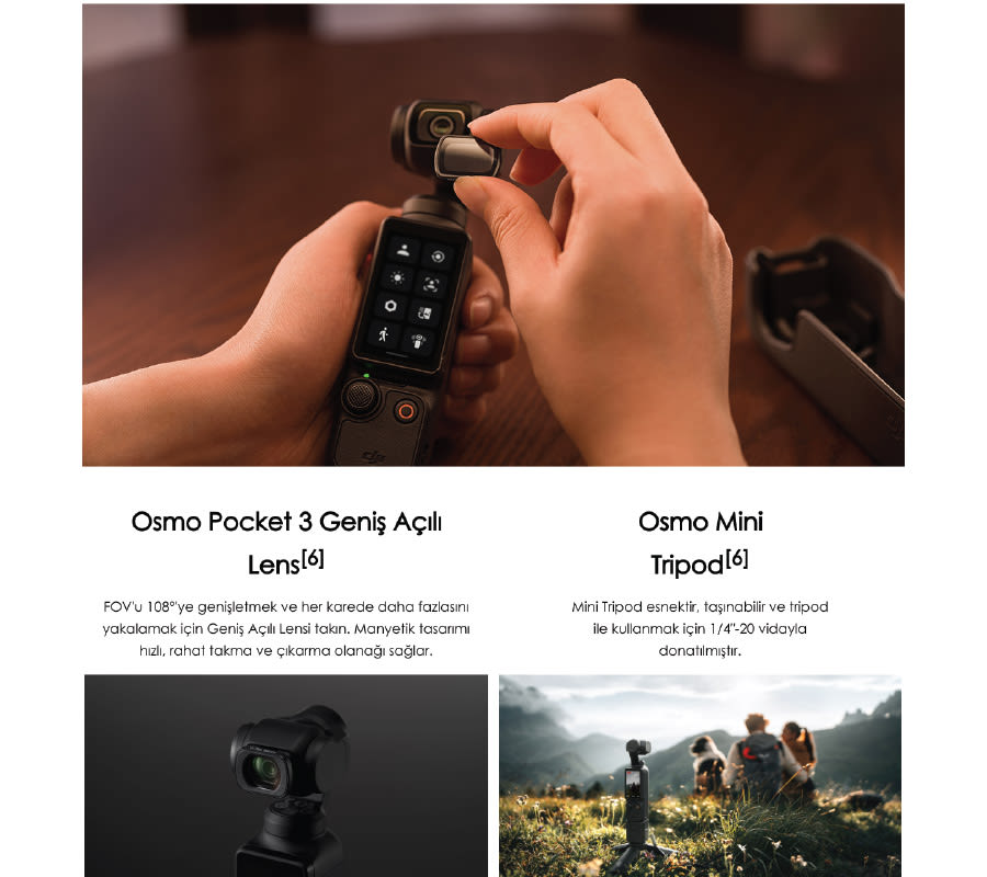 İki el, Osmo Pocket 3 cihazının geniş açılı lensini takıyor. Alt kısımda Osmo Mini Tripod'un görüntüsü var.