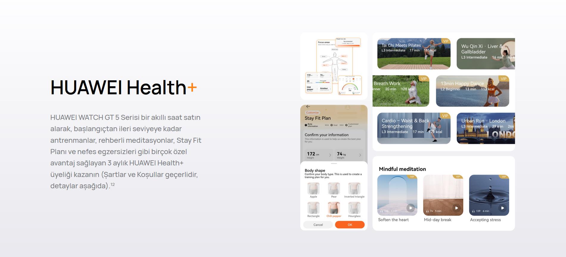 Huawei Health+ uygulamasının ekran görüntüleri; egzersiz, meditasyon ve sağlıklı yaşam planları sunuyor.