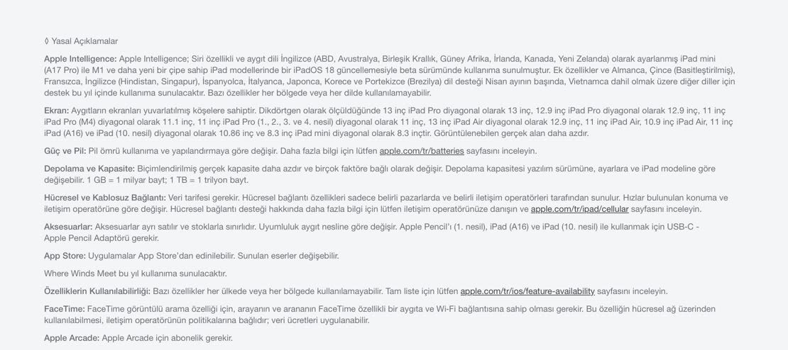 Beyaz arka plan üzerinde, iPad özelliklerini ve yasal açıklamaları içeren siyah metinler yer almaktadır.