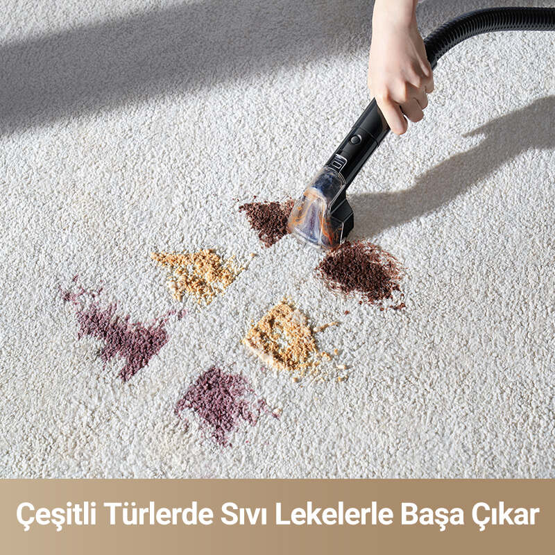 Beyaz halı üzerinde farklı renklerde lekeler ve bir halı temizleme başlığı görülüyor. Bir el başlığı tutuyor.