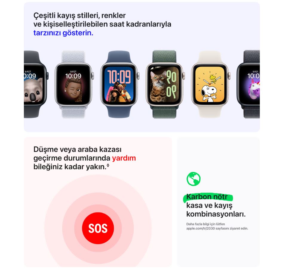 Çeşitli renk ve temalara sahip akıllı saatler sergileniyor. Acil durum SOS özelliği ve karbon nötr kasa vurgulanıyor.