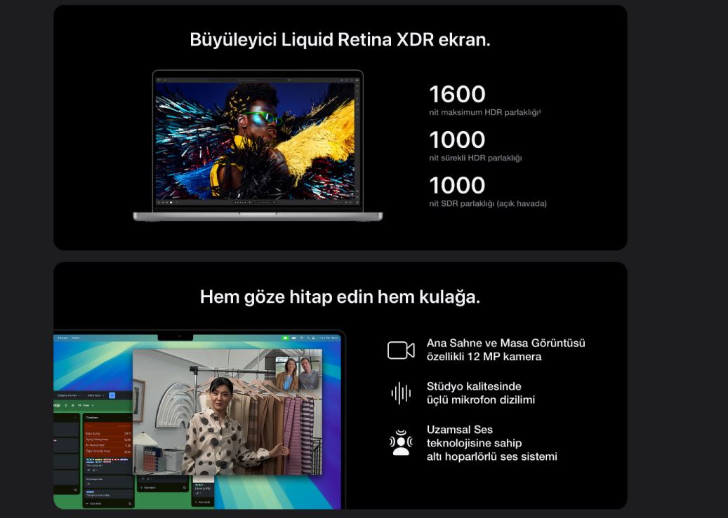 Siyah ekranda laptop görüntüsü. Ekranda renkli bir görsel, parlaklık değerleri ve kamera, ses özelliklerini gösteren ekran görüntüsü var.