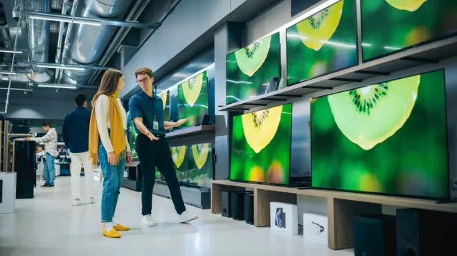 Bir mağazada TV'lere bakan kadın ve erkek. TV ekranlarında kivi resmi var.