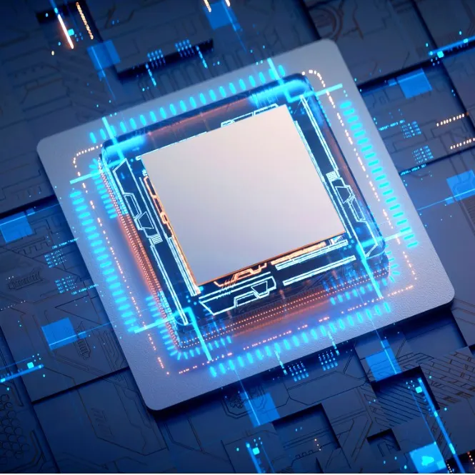 Mavi devre kartı üzerinde, kare şeklinde gümüş işlemci ünitesi görülmektedir. Ünite, mavi ve turuncu ışıklarla çevrilidir.