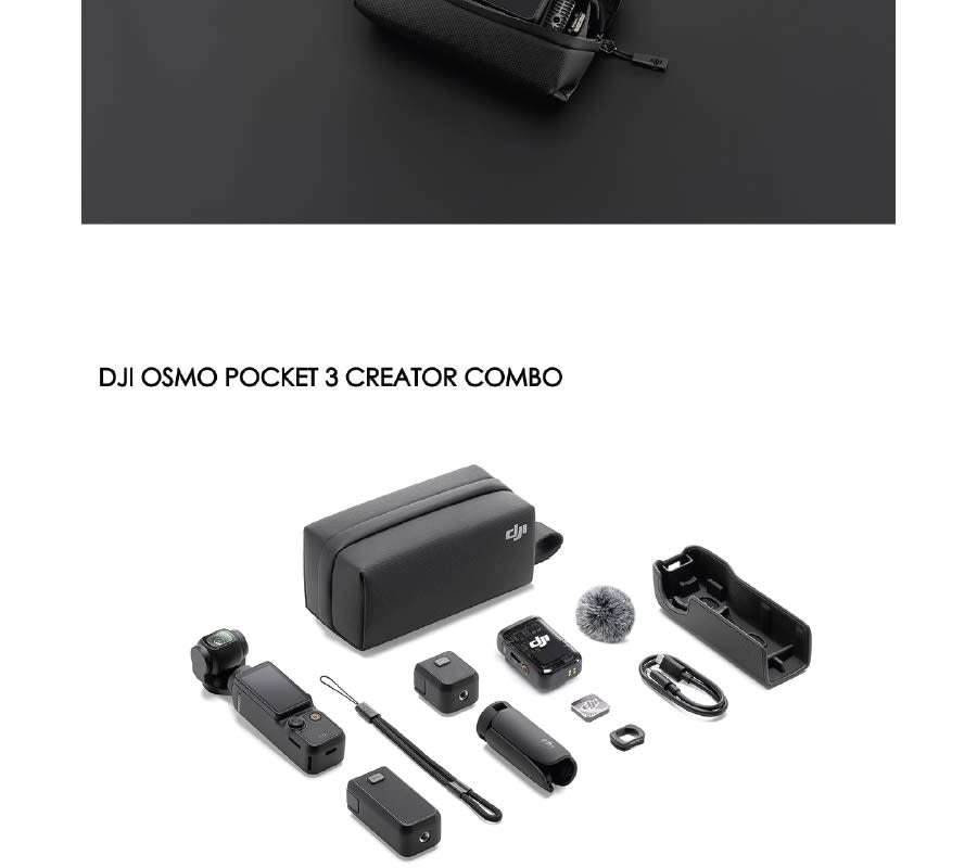 Siyah DJI Osmo Pocket 3 Creator Combo; kamera, mikrofon ve aksesuarlar beyaz bir yüzeyde.