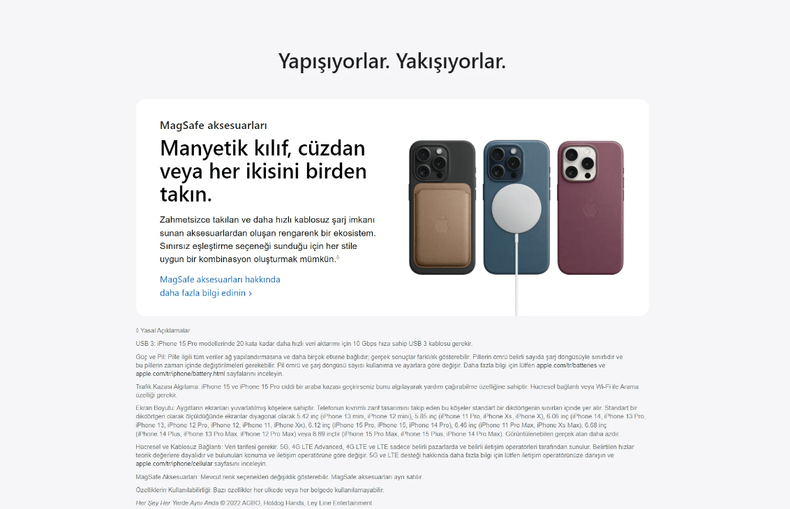 &Uuml;&ccedil; iPhone'un arkasına takılan MagSafe kılıfları ve c&uuml;zdanları g&ouml;steren &uuml;r&uuml;n fotoğrafı. Siyah, mavi ve mor renkler hakimdir.