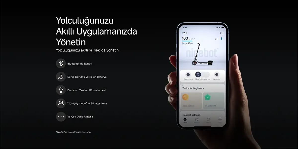 Against a black background, a hand is holding a phone with the Segway app and an image of an electric scooter.