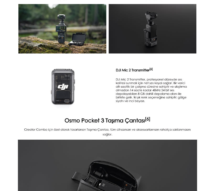 DJI ürünleri: mikrofon vericisi, Osmo Pocket 3 taşıma çantası. Açık ve koyu renklerde cihazlar.