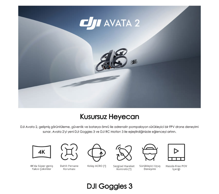 DJI Avata 2 drone'u beyaz zemin üzerinde. Logo ve ürün özellikleri aşağıda. Gri ve beyaz tonları hakim.