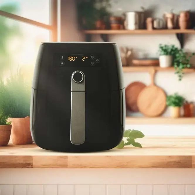 Mutfakta tezgâh üzerine yerleştirilmiş modern bir airfryer (sıcak hava fritözü) gösteriliyor.