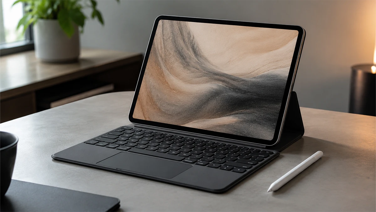 Masanın üzerinde aksesuar olarak klavye takılmış tablet ve yanında tablet kalemi