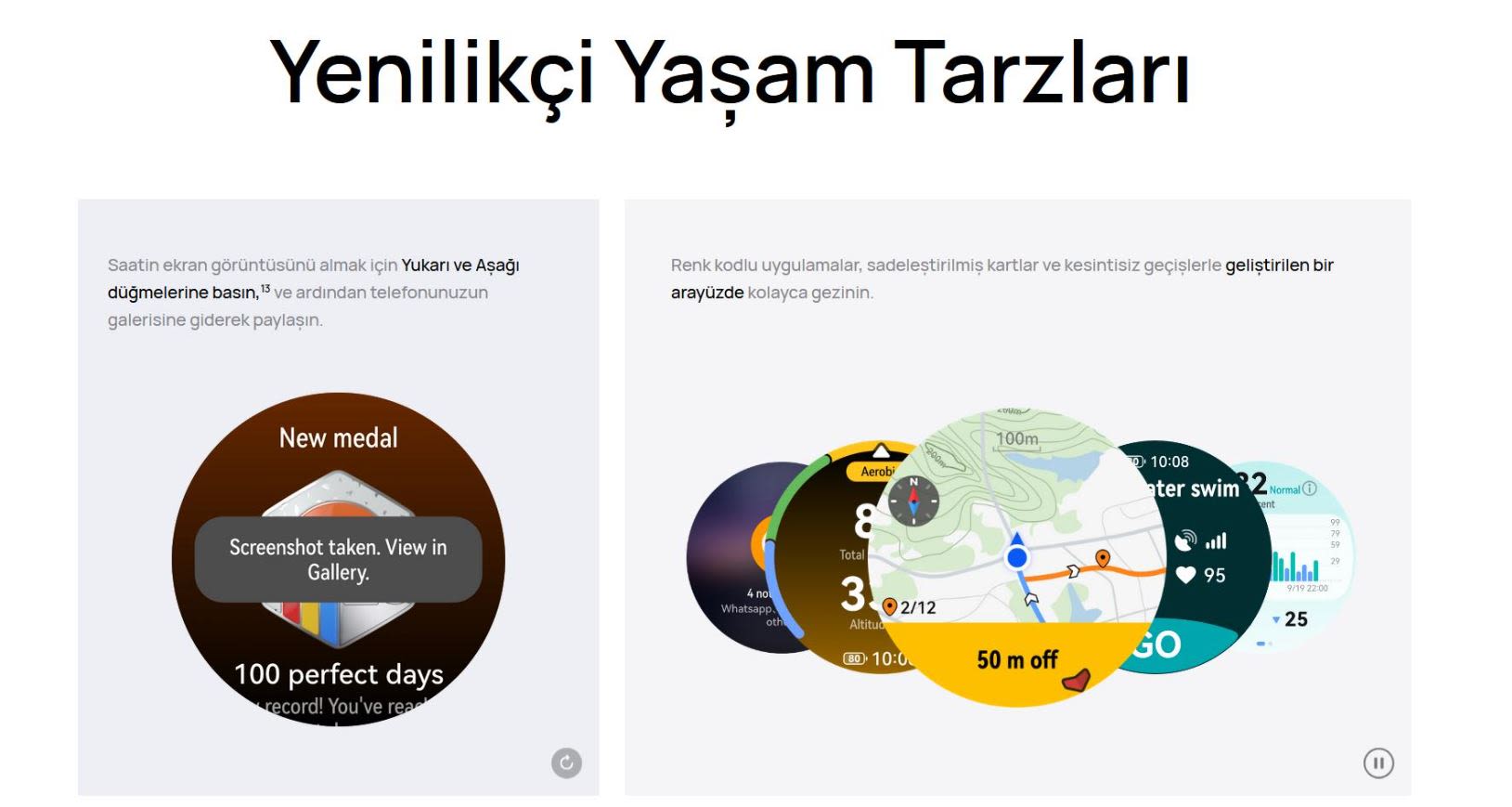 Saat arayüzleri gösteriliyor: madalya ekranı, aktivite takibi, harita ve diğer uygulama verileri.