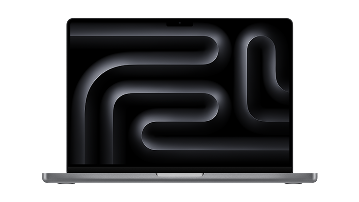 Gümüş renkli dizüstü bilgisayar, ekranda siyah ve gri renklerde kıvrımlı bir desen gösteriyor.