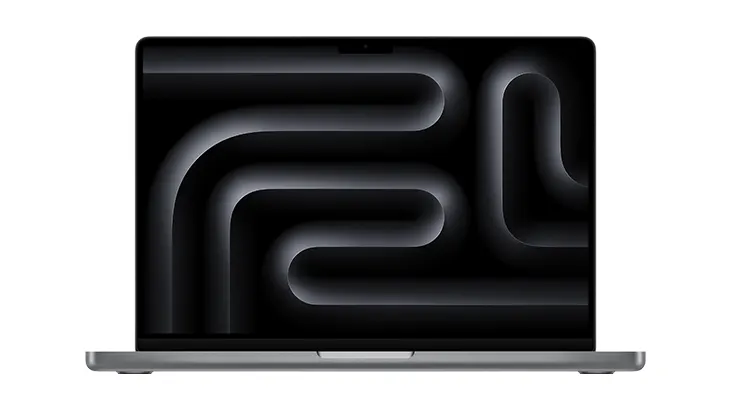 Gümüş renkli dizüstü bilgisayar, ekranda siyah ve gri renklerde kıvrımlı bir desen gösteriyor.