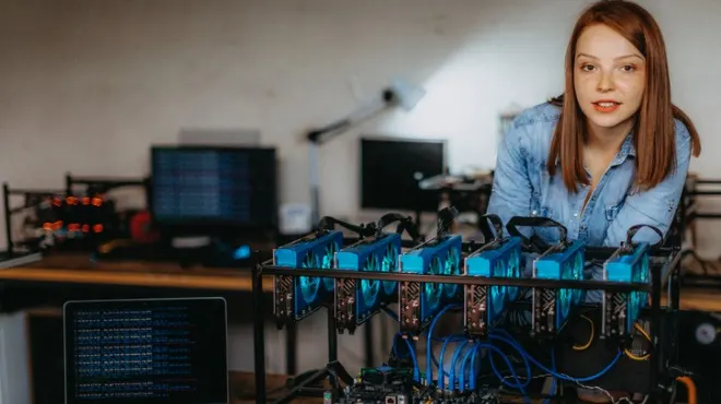 Kızıl saçlı kadın, mavi GPU'lu bir kripto para madenciliği teçhizatının önünde duruyor. Arka planda bilgisayarlar ve ofis malzemeleri var.