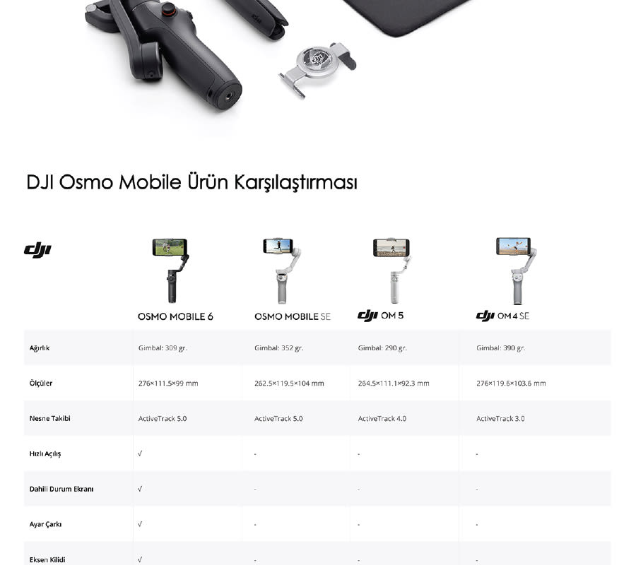 DJI Osmo Mobile ürün karşılaştırması: dört farklı modelin (6, SE, 5, 4 SE) özellikleri ve teknik detayları listelenmiştir.