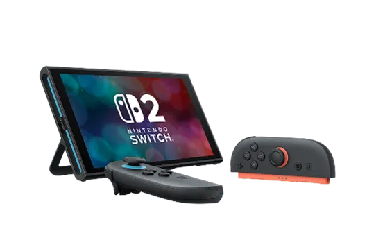 Nintendo Switch konsolu, Joy-Con denetleyicileri ile birlikte beyaz bir arka plan üzerinde gösteriliyor.