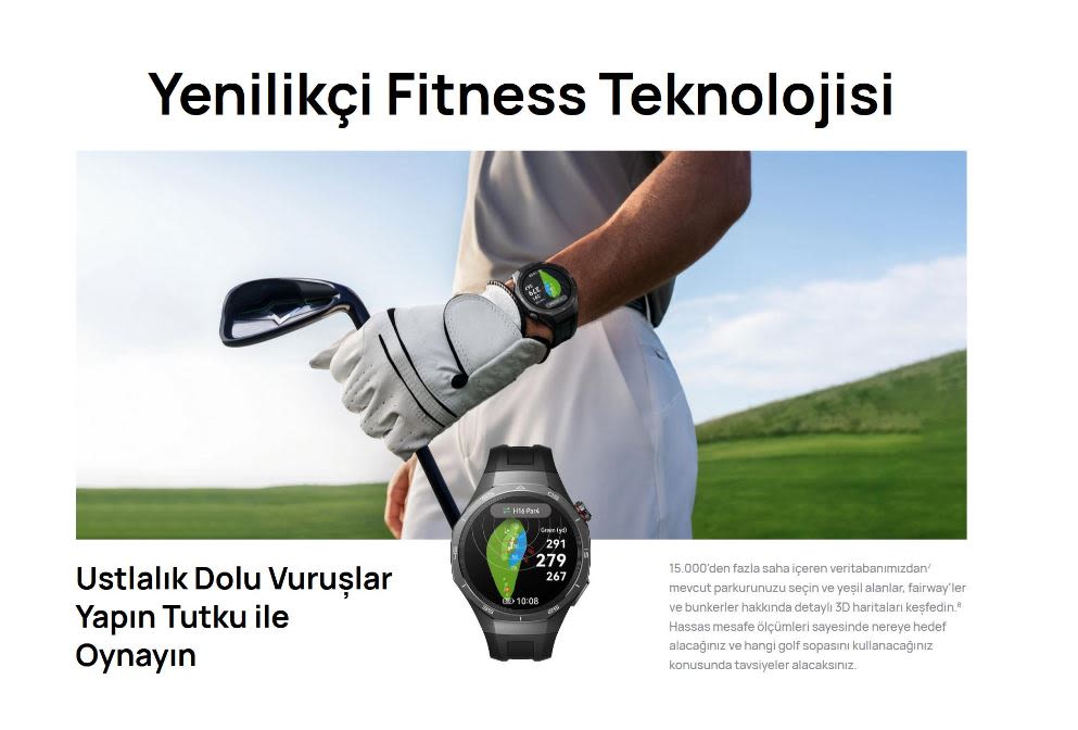 Golf oynayan bir kişinin kolunda golf sahası verilerini gösteren akıllı saatler var.