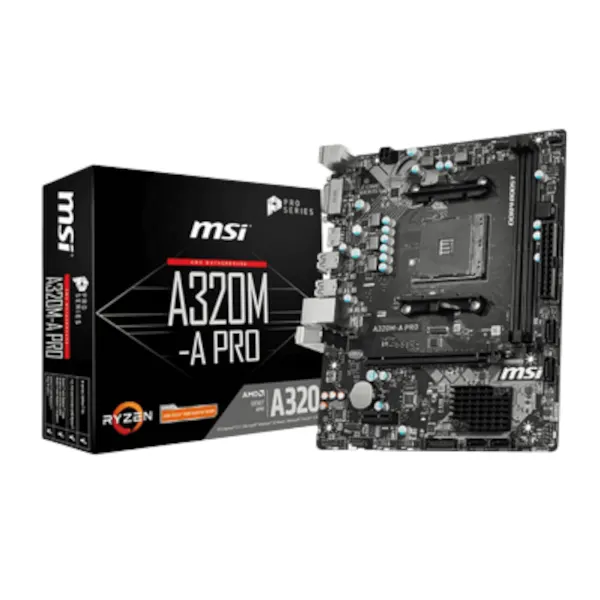 MSI A320M-A PRO anakart ve kutusu. Anakart gri, siyah ve yeşil bileşenlere sahip. Kutu siyah ve üzerinde beyaz yazı var.