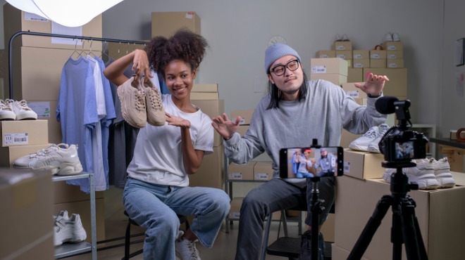 Bir kadın ayakkabı tutuyor, bir adamla video çekiyorlar. Arka planda kutular ve kıyafetler var.