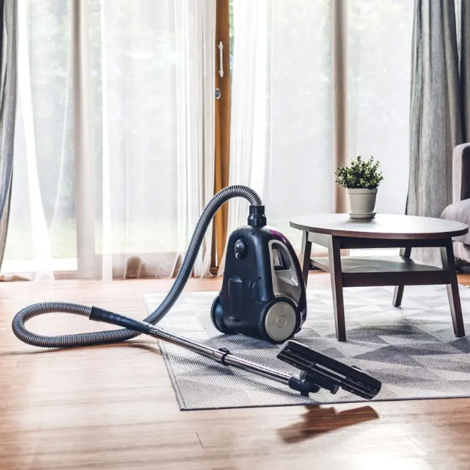 Oturma odasında, halı üzerinde elektrikli süpürge ve sehpa var. Perde ve pencere arka planda.