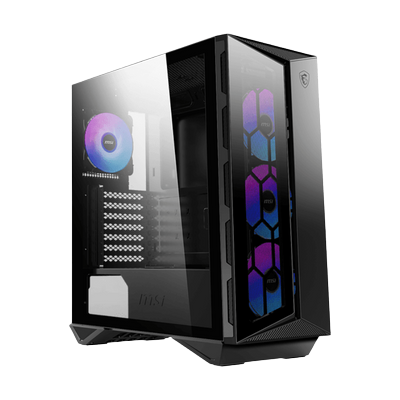 Siyah PC kasası; yan tarafında renkli fan, önünde altıgen desenler bulunur.