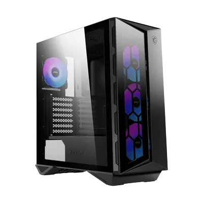 Siyah PC kasası; yan tarafında renkli fan, önünde altıgen desenler bulunur.