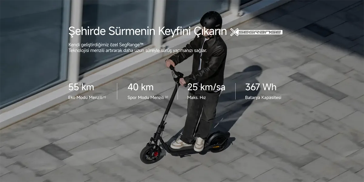 A person wearing a black helmet and leather jacket is riding a Segway electric scooter on the sidewalk. A building is in the background.
