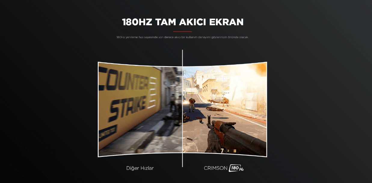 Siyah arka plan üzerinde, Counter-Strike oyununun düşük ve yüksek yenileme hızlarını gösteren ekran karşılaştırması.