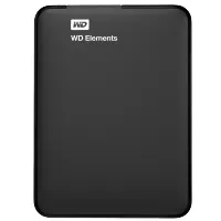 Siyah WD Elements taşınabilir sabit disk. Üzerinde beyaz WD Elements logosu var. Yuvarlak köşeli dikdörtgen şeklinde.