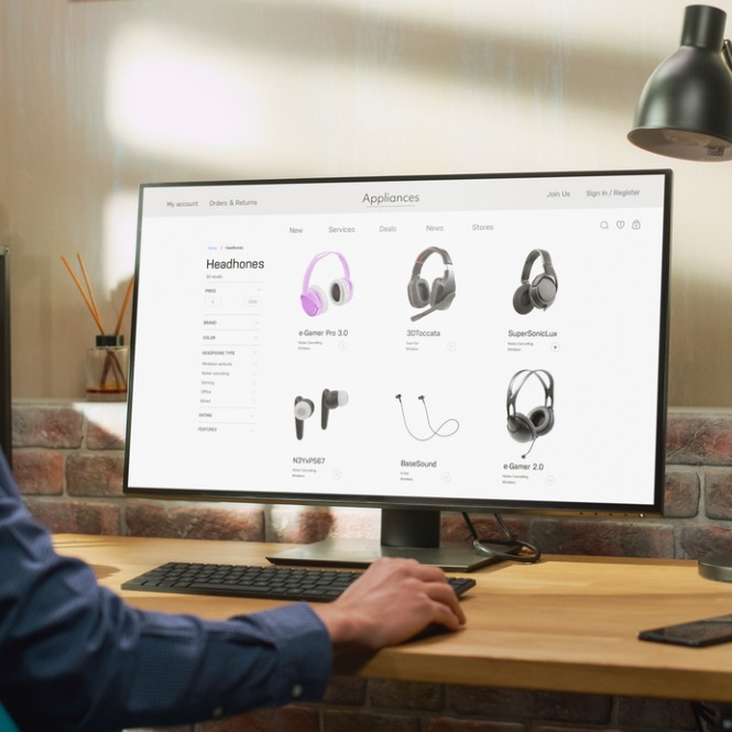 Ahşap masada kulaklık ürünleri olan bir bilgisayar ekranı ve klavye kullanan bir kişi görülüyor.