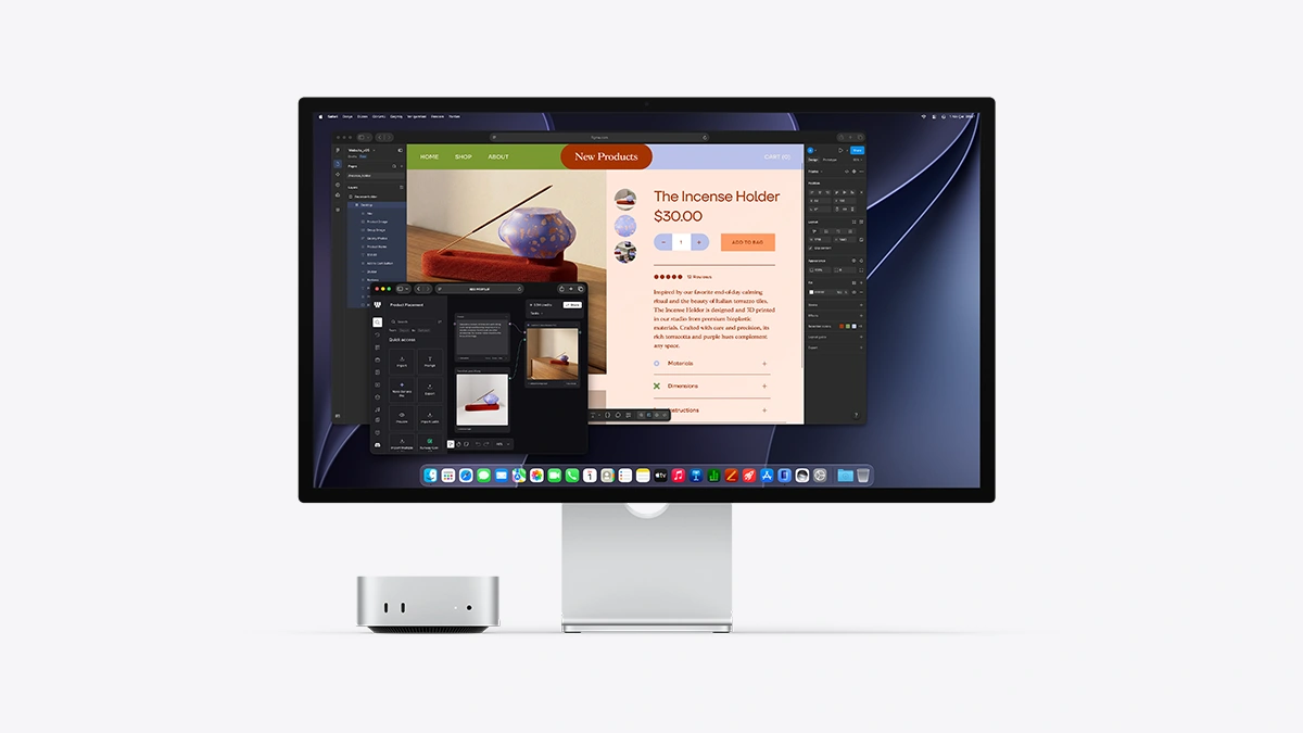 Mac mini M6 ile Apple monitör yan yana, ekran açık