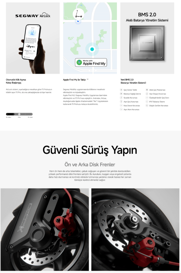Segway özelliklerini tanıtan bir web sayfası. Uygulama ekranı, disk frenleri ve teknik detaylar görülüyor.