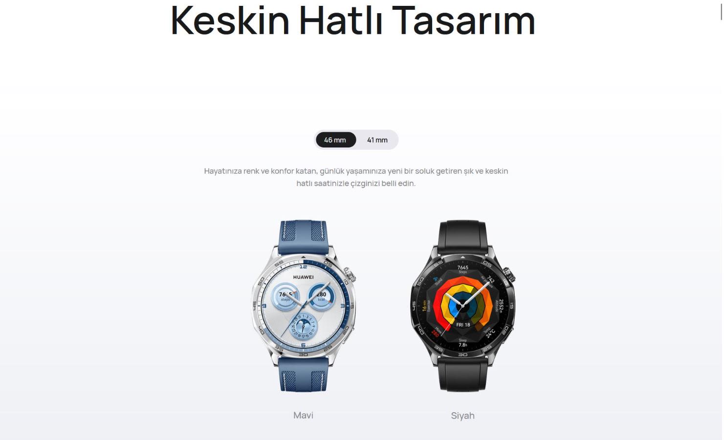 Mavi ve siyah akıllı saatlerin bulunduğu ürün tanıtım görseli. Saatler, farklı renklerdeki kayışlara ve ekran tasarımlarına sahip.