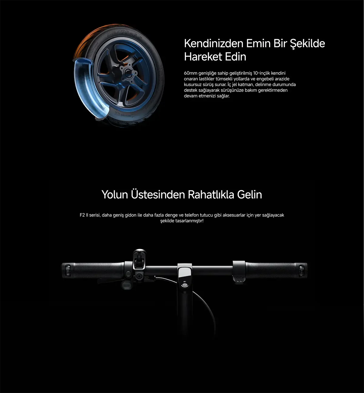 Against a black background, there's a close-up of an electric scooter tire and handlebars.