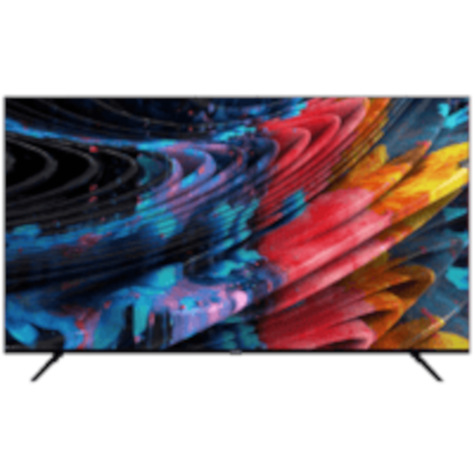 Siyah ayaklı, düz ekran TV'de soyut, renkli dalgalar: kırmızı, mavi, sarı ve siyah.