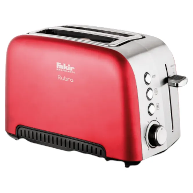 Kırmızı ve gümüş renkli, iki dilimli Fakir Rubra ekmek kızartma makinesi, beyaz zemin üzerinde duruyor.