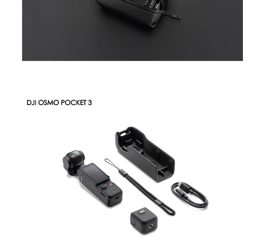 Siyah DJI Osmo Pocket 3 kamera, kılıf, USB kablosu ve aksesuarlar beyaz bir yüzeyde.
