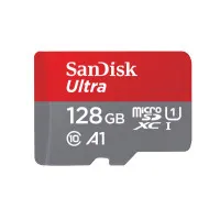 Kırmızı ve gri renkli, 128 GB kapasiteli, Sandisk Ultra marka mikro SD kart.