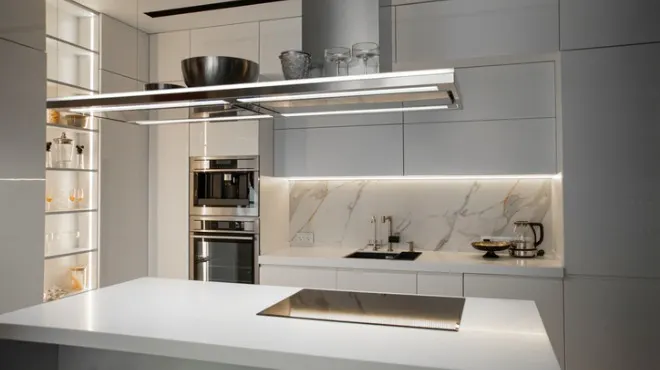 Aydınlık, modern mutfak; beyaz dolaplar, paslanmaz çelik cihazlar, mermer desenli duvar ve ada tezgahı içerir.