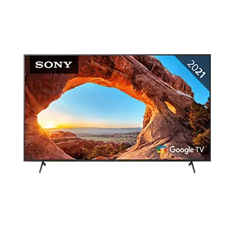 Siyah Sony TV ekranında kaya oluşumu, mavi gökyüzü ve "Google TV" yazısı var. Köşede "2021" etiketi bulunuyor.