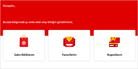 Kırmızı zemin üzerinde beyaz kutularda, sırasıyla çanta, zarf ve hediye ikonu yer alıyor. Yazılar Türkçe.