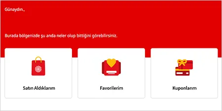 Kırmızı zemin üzerinde beyaz kutularda, sırasıyla çanta, zarf ve hediye ikonu yer alıyor. Yazılar Türkçe.