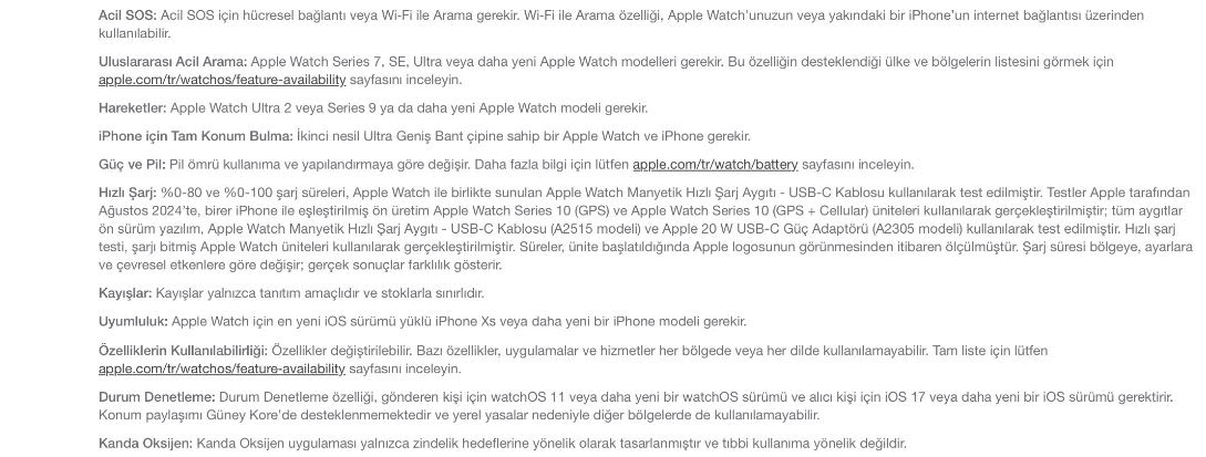Beyaz zemin üzerine, Apple Watch özellikleri hakkında Türkçe metinler içeren bir doküman görülmektedir. Yazılar okunaklı.