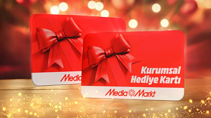 Kırmızı fonda beyaz metin ve simgelerle MediaMarkt Kurumsal Hediye Kartı avantajları ve Ramazan temalı görseller bulunmaktadır.