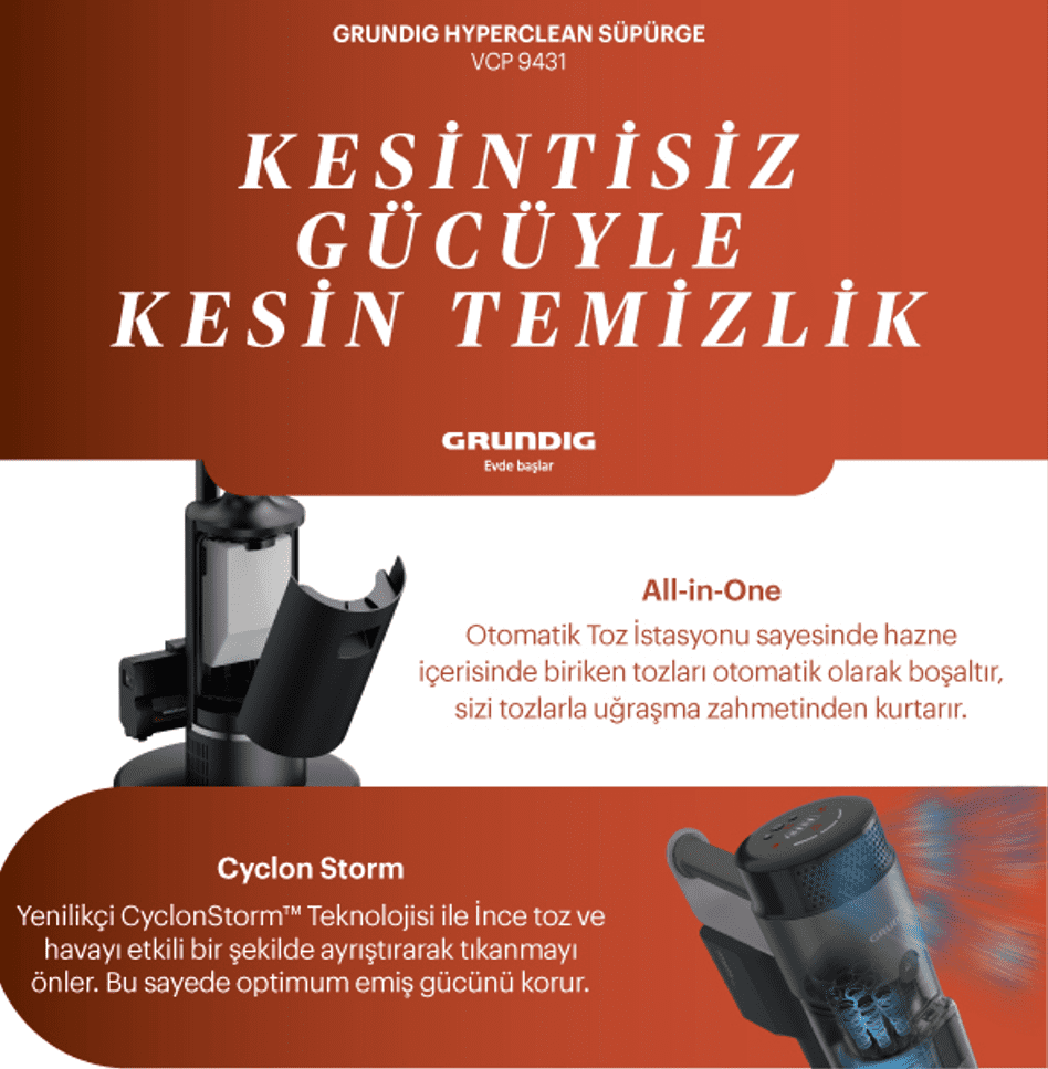 GRUNDIG VCP 9431 Pro Otomatik Toz Hazneli Şarjlı Dikey Süpürge