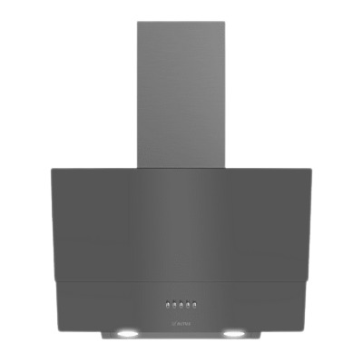 Gri bir mutfak davlumbazı, aydınlatma ve kontrol paneli detaylarıyla önden görünümü.