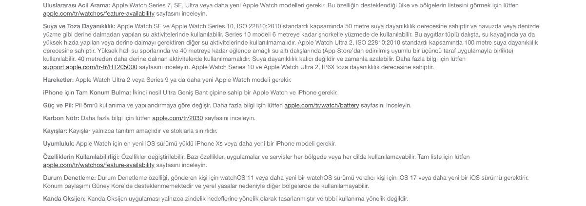 Beyaz arka plan üzerinde, Apple Watch özellikleri hakkında Türkçe metin yer almaktadır. Metin, özelliklerin detaylarını ve uyumluluk bilgilerini içerir.